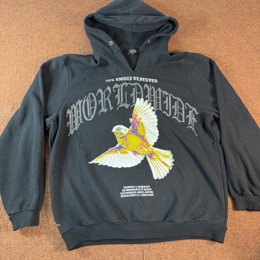 BoohooMAN Mens Black Worldwide Bird Graphic Rhinestone Hoodie Sweatshirt SXL